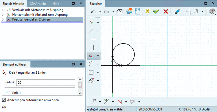 Kreis tangential an 2 Elemente (Kreis/Linie/Bogen)