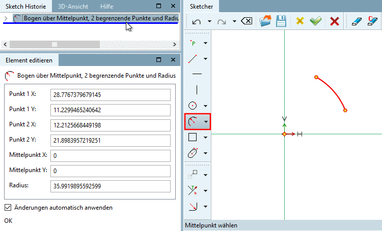 Bogen über Mittelpunkt, 2 begrenzende Punkte und Radius: Ergebnis