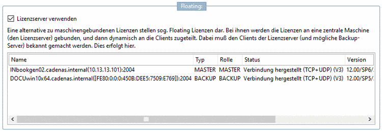 Option "Lizenzserver verwenden" aktiviert