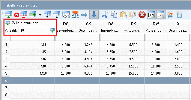 Beispiel: Zufügen von 10 Zeilen
