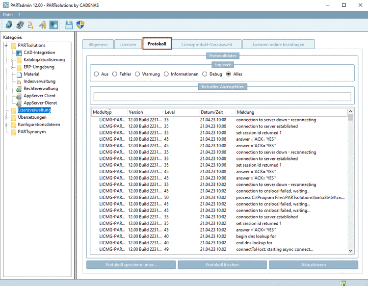 Registerseite "Protokoll"