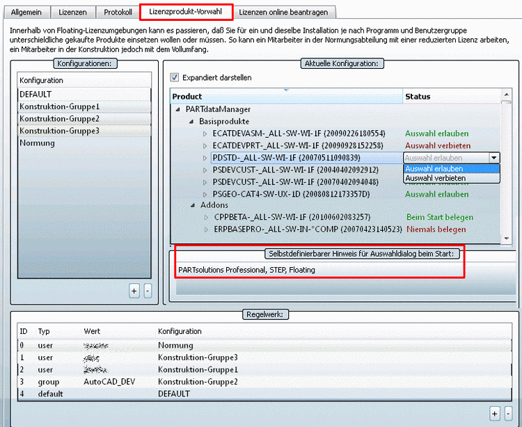 Lizenzprodukt-Vorauswahl
