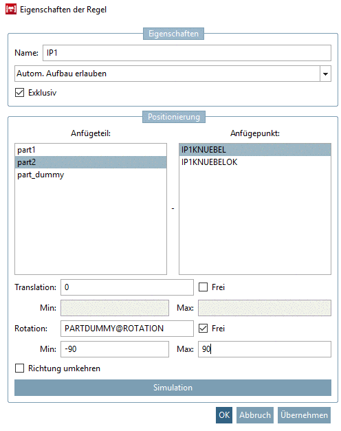 Der Default-Rückgabewert von "PARTDUMMY@ROTATION" ist 0°