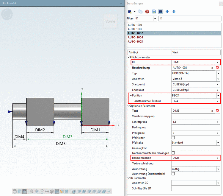 Hier im Beispiel ist zu sehen, dass sich das Abstandsmaß "DIM3" auf die "Basisdimension" "DIM1" bezieht.