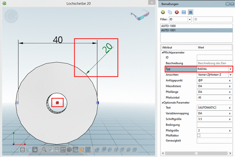 Hier im Beispiel wird der Außendurchmesser mit einem Maß von 20 angegeben.