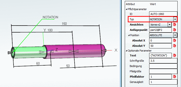 Der Pfeil wird auf den bestimmten Anfügepunkt gezogen. Die linke, untere Position der Anmerkung wird über "Position" in Relation zum Nullpunkt des Koordinatensystems bestimmt.