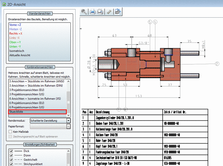 Kombinationsansicht mit Positionsnummer in 2D-Ansicht und Stücklistentabelle