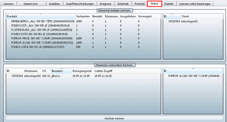 Registerseite "Status"
