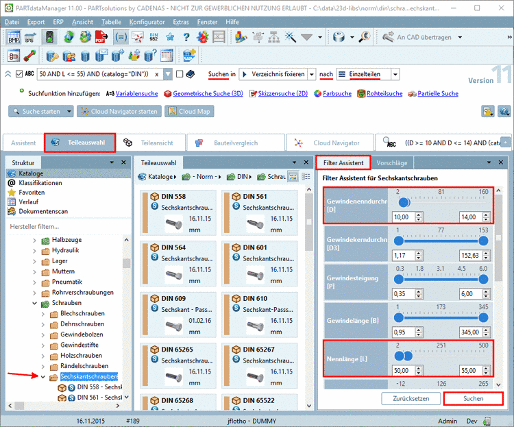 Beispiel: Filter Assistent für Sechskantschrauben