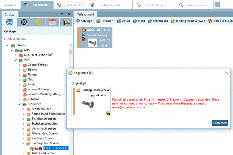 Dialogfenster "Abgelöstes Teil. Anzeigetext ist Standard aus ALLOW_OLD=0 + INFOTEXT