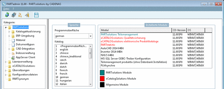 Sprachauswahl: Programmoberfläche und Katalog
