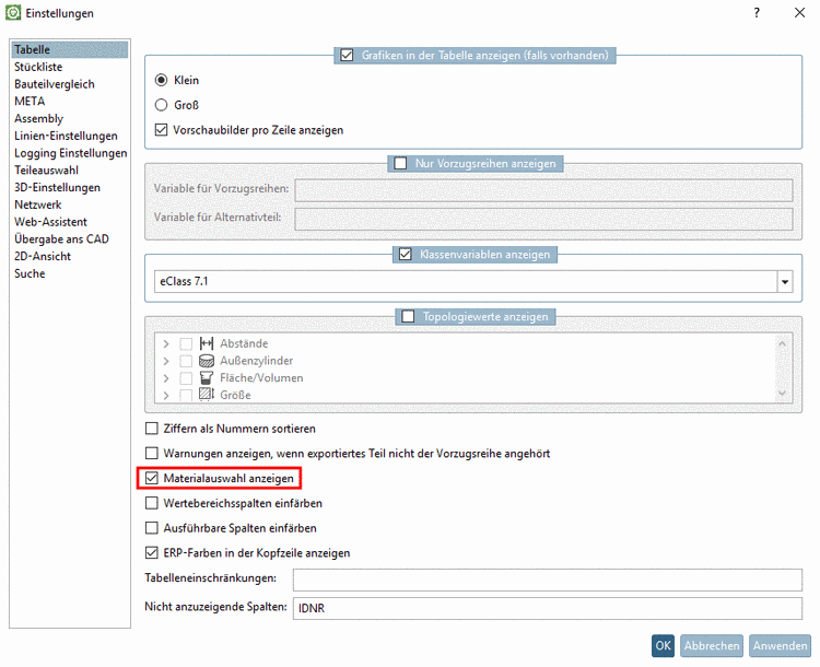 Materialauswahl anzeigen