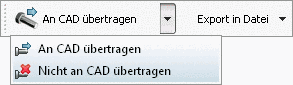Toolbar "Export": "An CAD übertragen" mit Unterpunkten