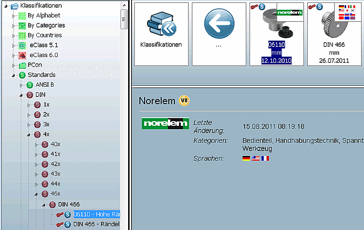 Teileauswahl [Part selection] - Registerseite "Klassen [Classes]" - Standards Klassifikation