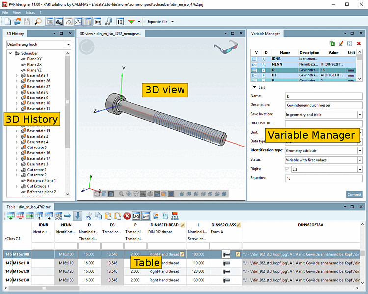 PARTdesigner mit 3D Historie [3D History], 3D Ansicht [3D view], Variablenmanager [Variable Manager] und Tabelle [Table]