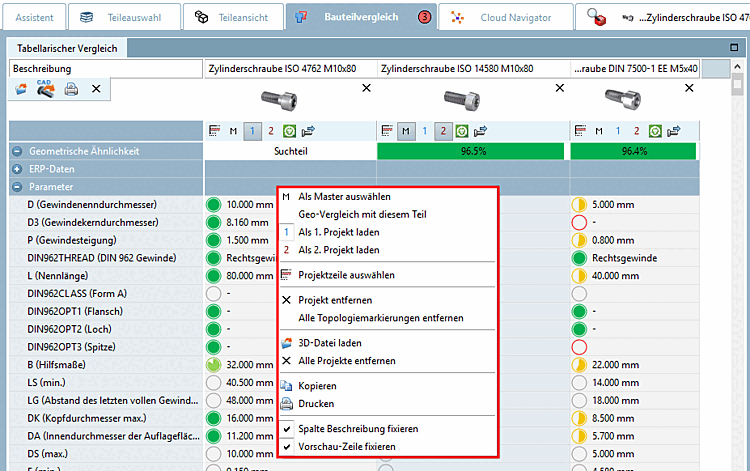 Tabellarischer Vergleich [Tabular Compare] - Kontextmenübefehle