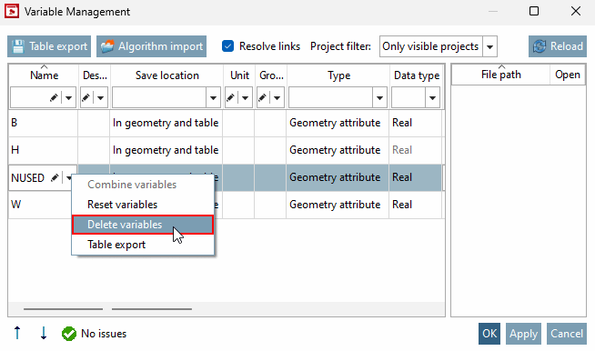 Variablen löschen [Delete variables] Schaltfläche von ungenutzter Variable