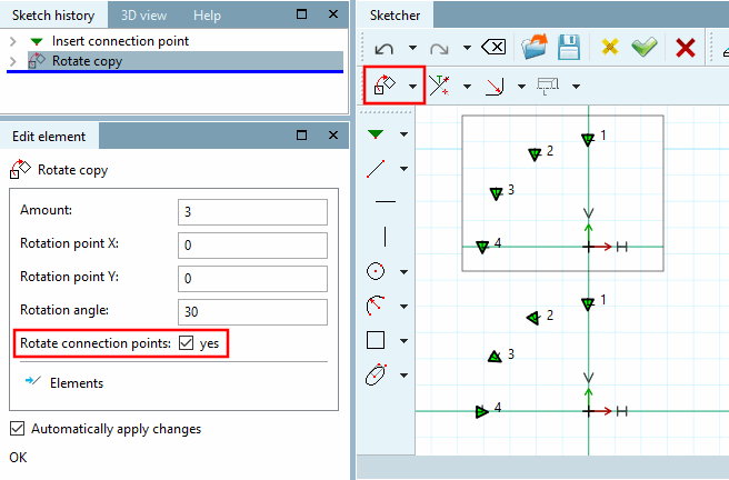 Anfügepunkte rotieren [Rotate connection points]: Im Sketcher oben ist die Option deaktiviert, unten aktiviert.
