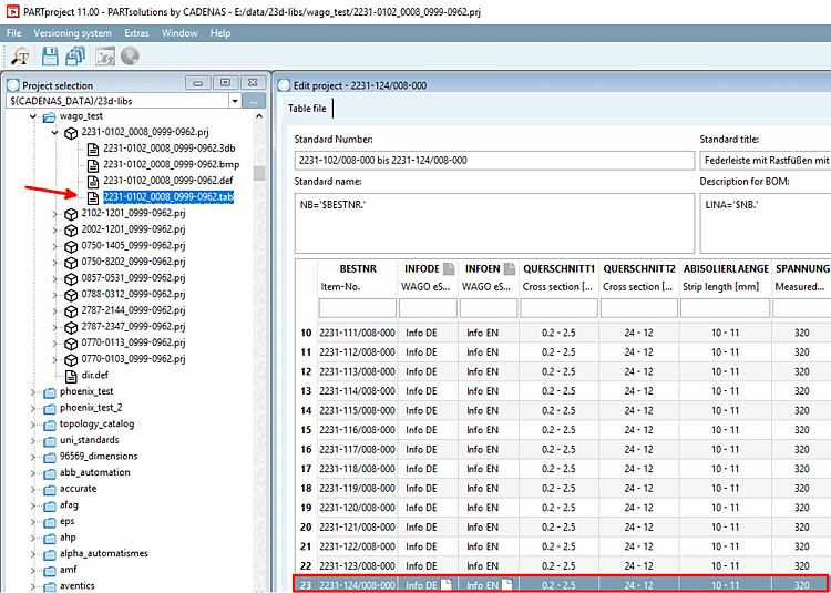 Bei dem hier verwendeten Wago-Stecker werden bei Zeile 23 alle Anfügepunkte angezeigt.