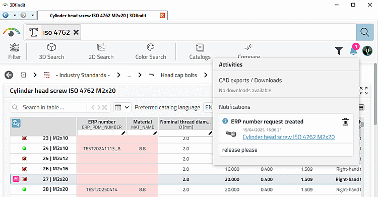 Benachrichtigung: "ERP-Nummer Anfrage erstellt [ERP number request created]"