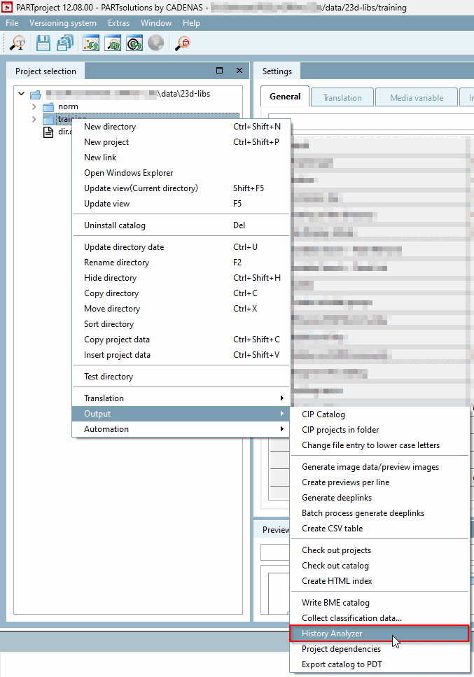 PARTproject -> Projektauswahl [Project selection] -> Kontextmenü -> Ausgabe [Output] -> History Analyzer