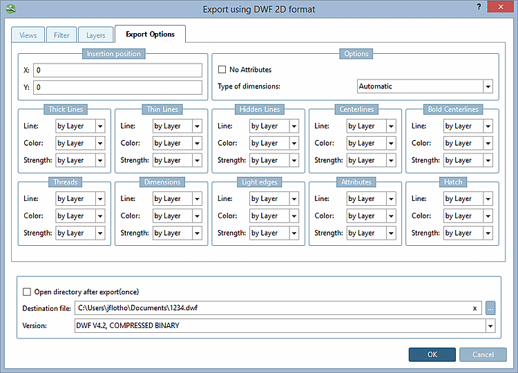 Registerseite "Exportoptionen [Export options]" - AutoCAD DWF 2D