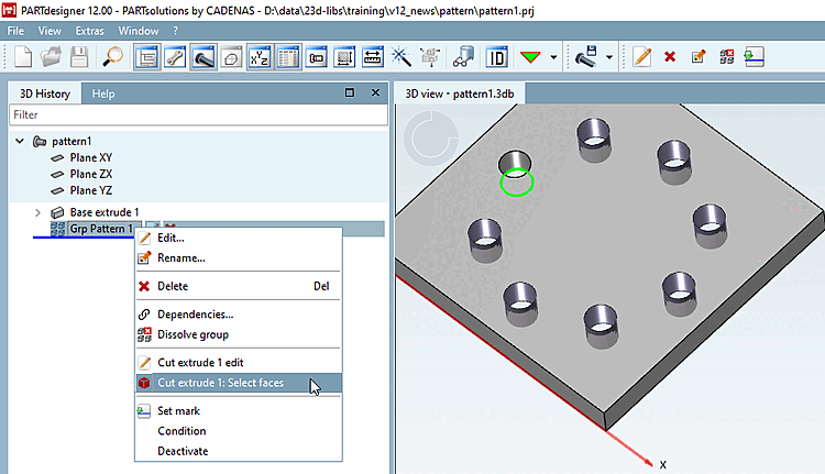 Cut extrude xy: Flächen selektieren