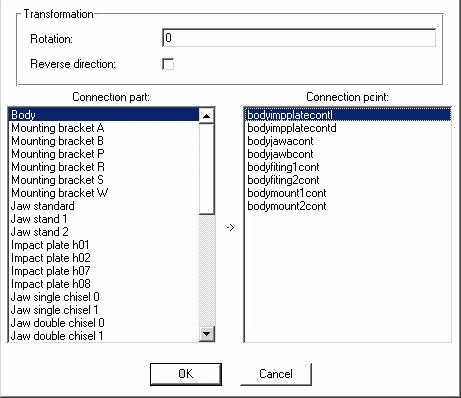 Dialog "Anfügepunkt auswählen [Choose connection point]" (hier beispielhaft "Grundplatte" und "Bohrung 1" ausgewählt)
