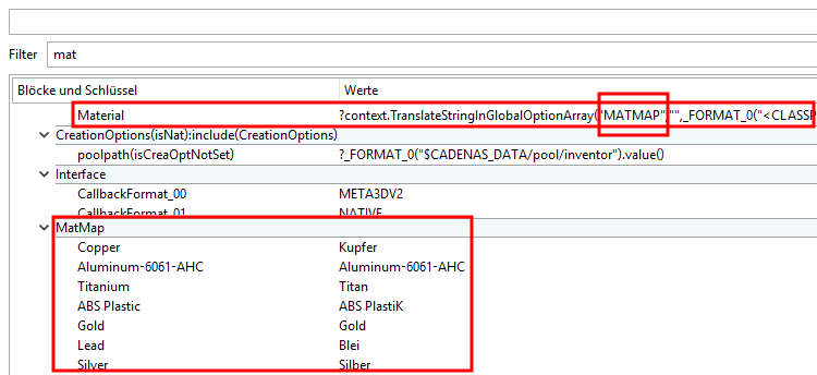 Block "CreationOptions(is3d)" -> Schlüssel "Material" + Block "MatMap" -> einzelne Materialschlüssel