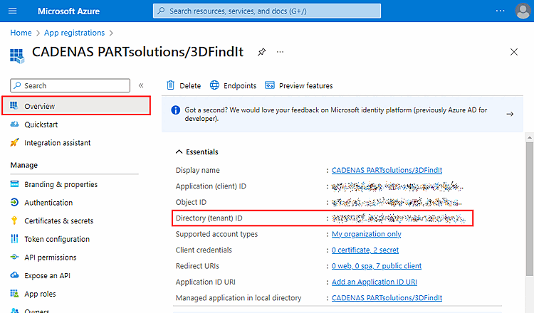 Microsoft Azure "Übersicht" -> "Verzeichnis-ID (Mandant)"