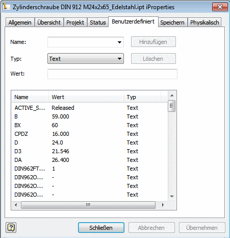 Inventor iProperties: Registerseite "Benutzerdefiniert"