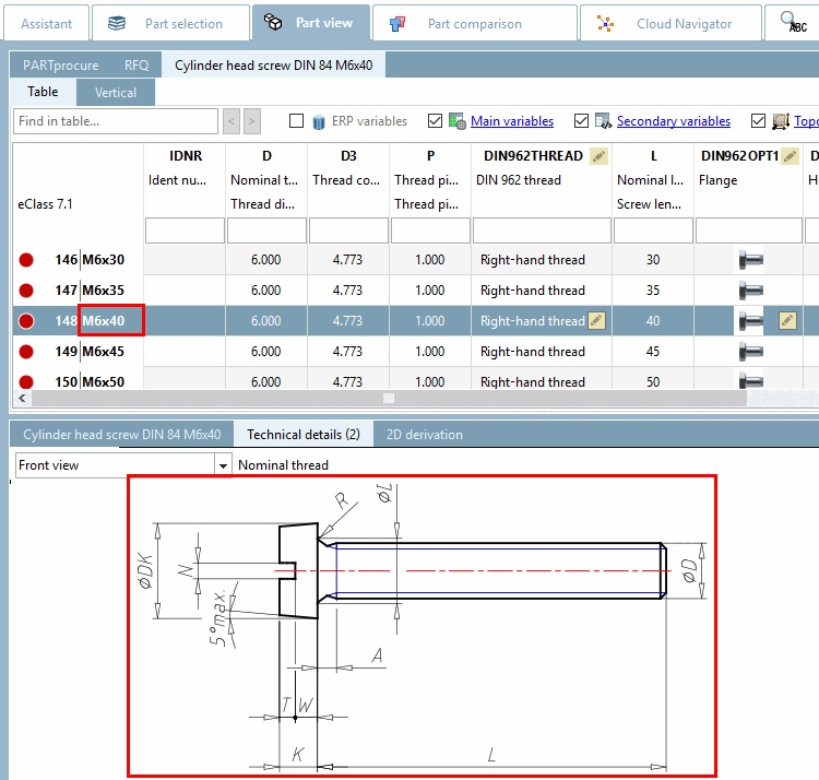 PARTdesigner mit Variable "VERS"- Beispiel: DIN 84 M6x40