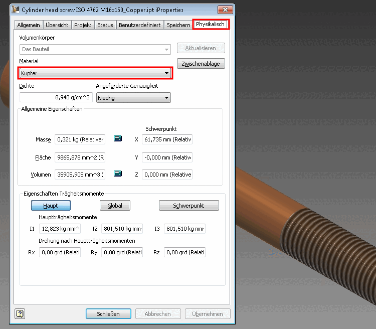 Inventor iProperties -> Registerseite "Physikalisch"