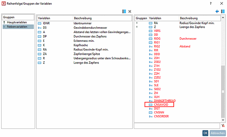 PARTproject -> Registerseite "Allgemein [General]" -> Reihenfolge/Gruppen der Variablen [Order/Groups of Variables]