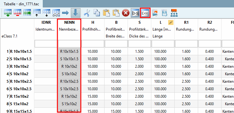 Spalten mit Merkmalalgorithmus [Attribute algorithm] sind grau hinterlegt.