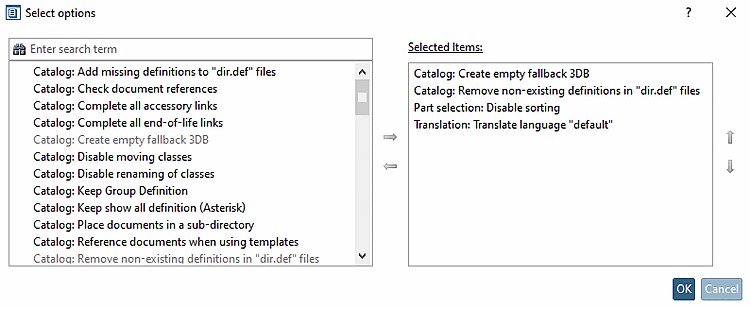 "Select options" dialog