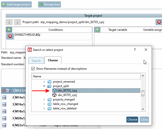 Zielprojekt auswählen