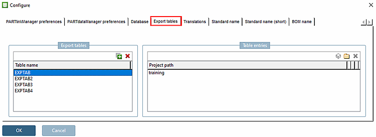 PARTlinkManager -> Extras Menü -> ERP-Umgebung konfigurieren [Configure ERP environment] -> Registerseite Exporttabellen [Export tables]