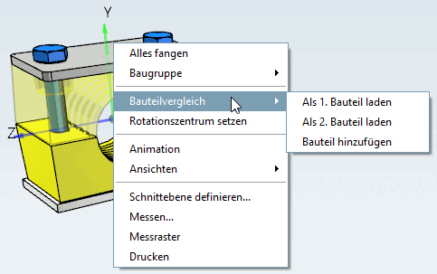 Kontextmenü: Baugruppe [Assembly] - 3D-Ansicht [3D view] - Untermenü "Bauteilvergleich [Part comparison]"