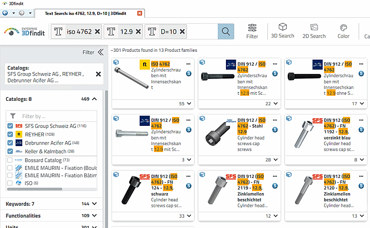 Beispiel: Zuerst "iso 4762", dann "12.9" (Festigkeit), dann "L=10" (Länge)