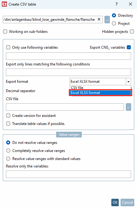PARTproject > Projektauswahl [Project selection] > Kontextmenü auf Verzeichnis > Ausgabe [Output] > CSV-Tabelle erzeugen [Create CSV table]