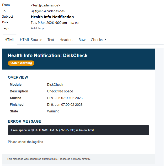 Beispiel für "DiskCheck": Health Info Notification: DiskCheck