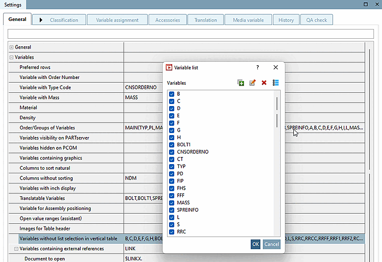 Variablen ohne Listenauswahl in vertikaler Tabelle [Variables without list selection in vertical table]