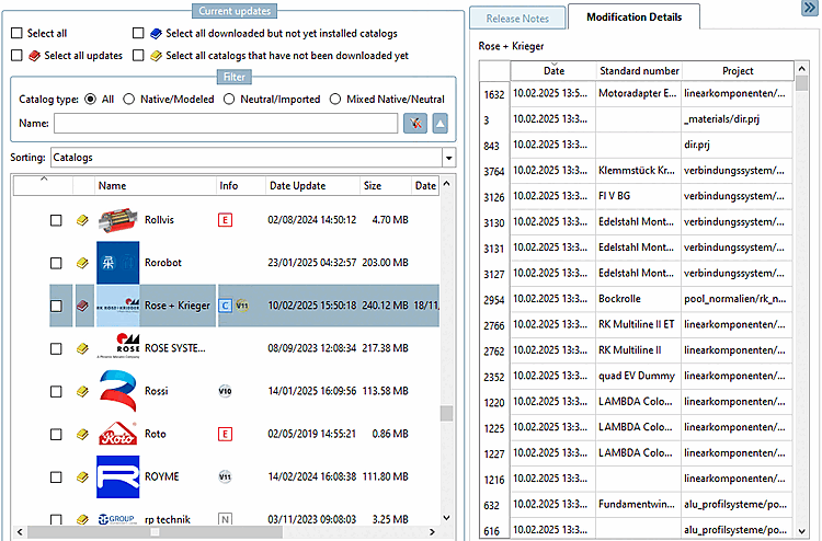 Registerseite "Änderungsdetails [Modification Details]": Geänderte Projekte sind aufgelistet.