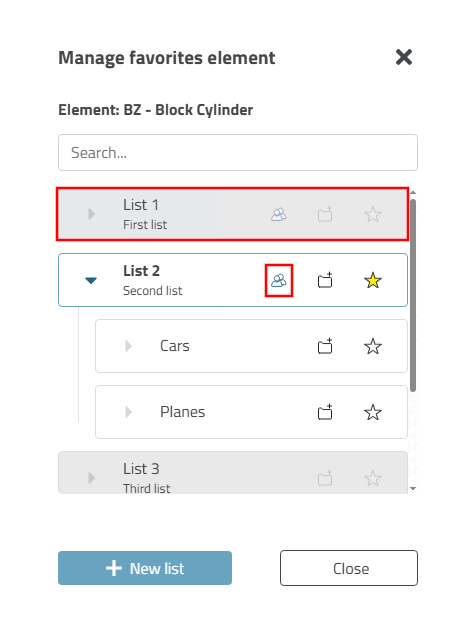 Der Dialog Favoritenelement verwalten [Manage favorites element] wird in einer Listenansicht geöffnet mit Klick auf .