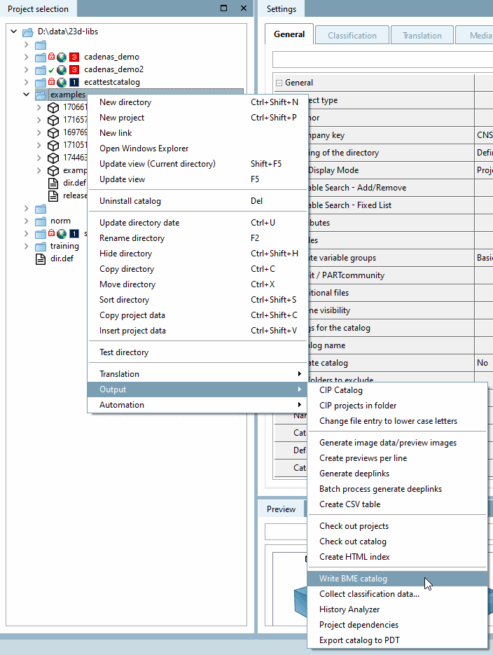 Projektauswahl [Project selection] - Kontextmenü