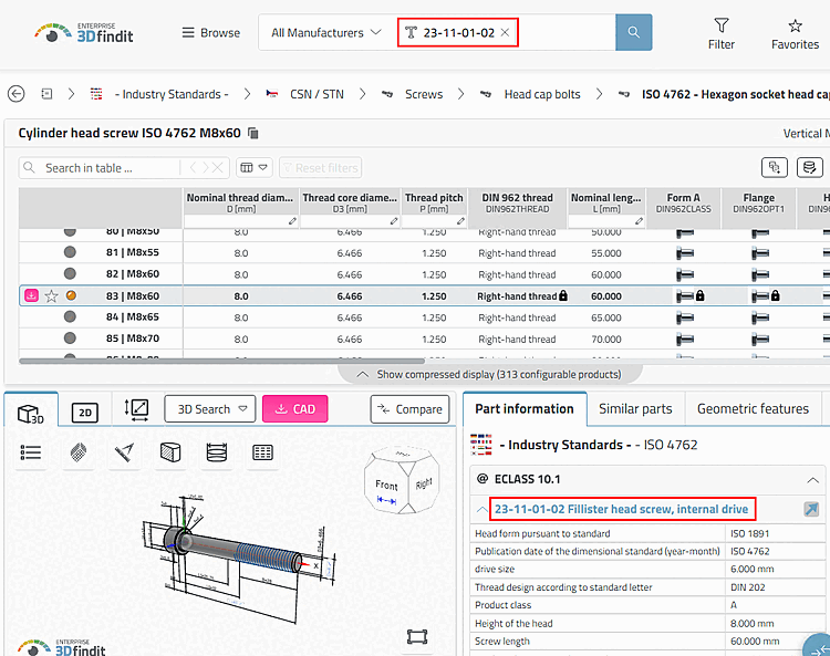 Beispiel: Suche mit ECLASS-Nummer in 3Dfindit