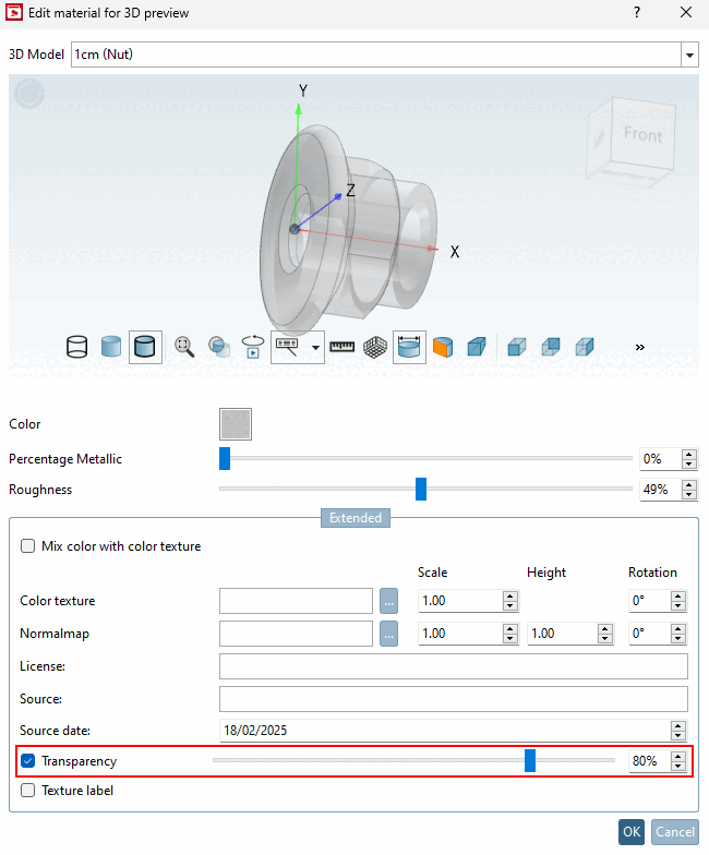 Material für 3D-Voransicht editieren [Edit material for 3D preview] → Transparenz [Transparency]