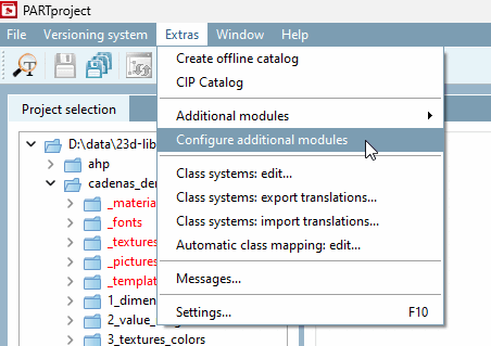 PARTproject → Extras → Zusatzmodule konfigurieren [Configure additional modules]