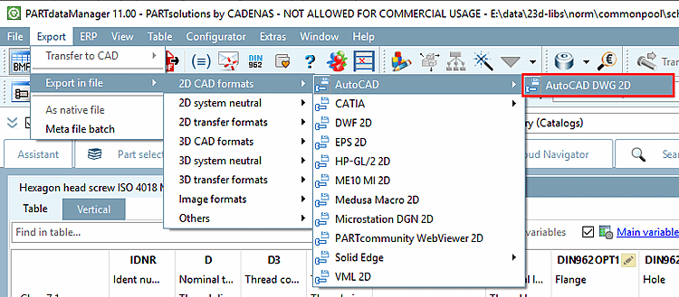 Beispiel: Export im AutoCAD DWG 2D Format